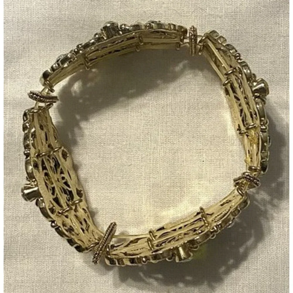 VINTAGE victorian style panel bracelet green inlaid nuggets gold tone 7.5